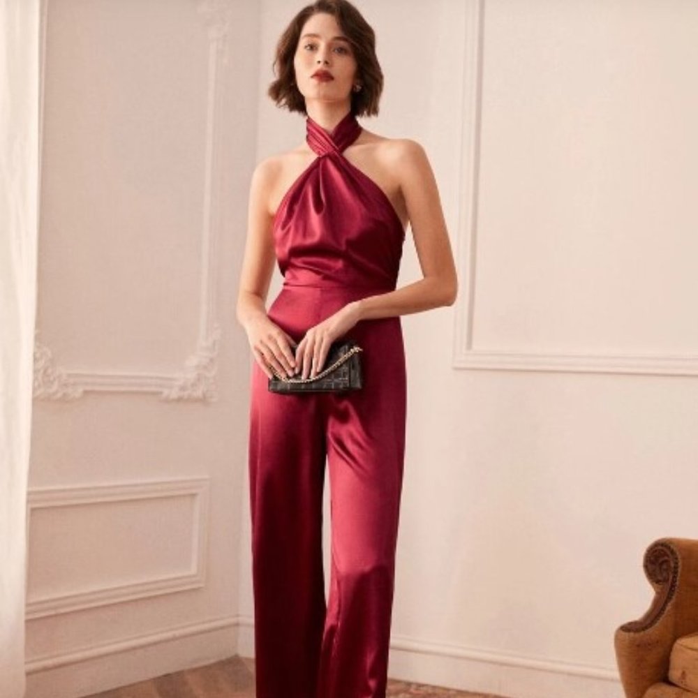 SHEIN Backless Satin Halter Jumpsuit in Burgundy Red (Size Small/4)